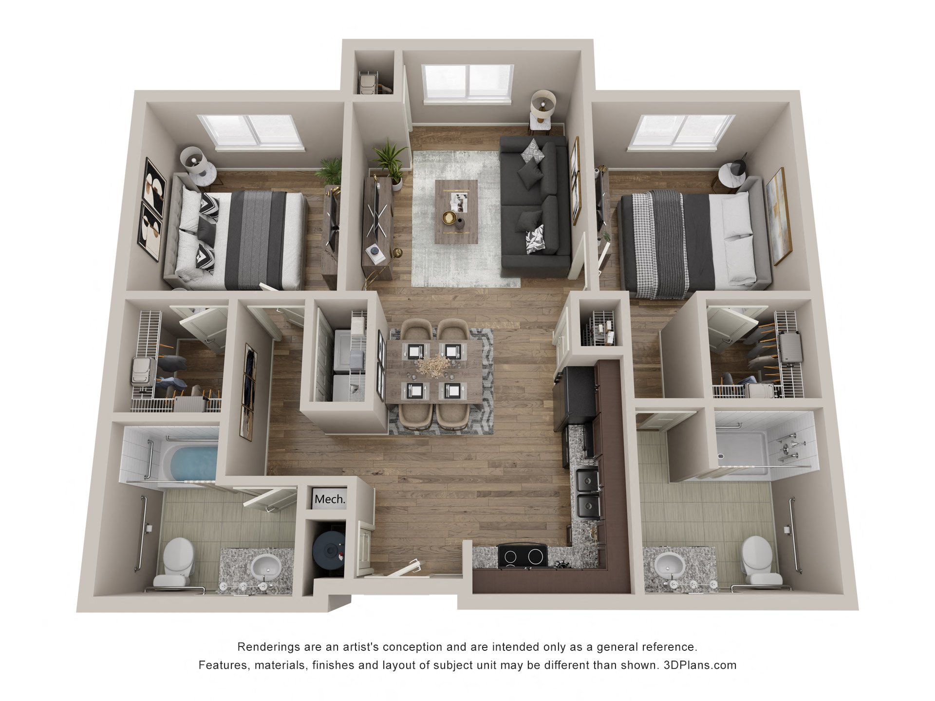 Floor plan for 2 beds, 2 baths, 876 sqft